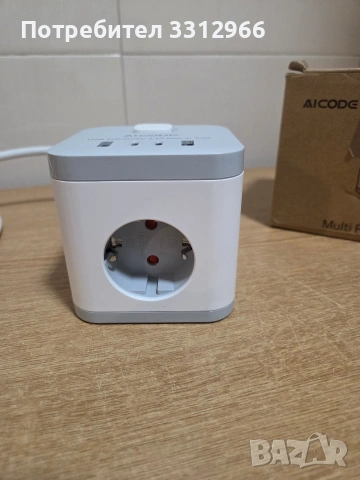 AICODE куб разклонител с USB портове и бял дизайн, включващ множество контакти и предпазител, снимка 3 - Друга електроника - 54919145