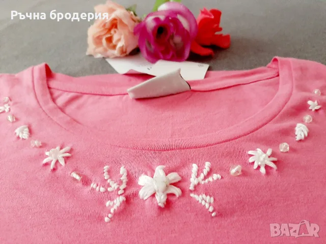 Блуза с нежна ръчна бродерия, къдри и мъниста, снимка 4 - Тениски - 55326625