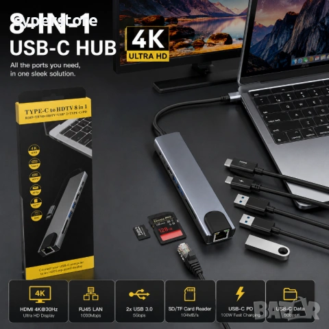 USB-C хъб 8 в 1 докинг HDMI 4K RJ45 USB SD/TF Type-C PD SP01423 8in1, USB-C докинг станция 8 в 1, снимка 3 - USB кабели - 54939542