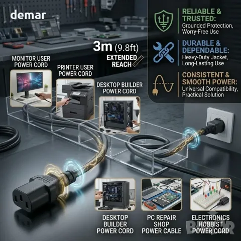 3-пинов резервен захранващ кабел 3 метра, IEC C13 към NEMA 5-15P, 3 броя, снимка 7 - Кабели и адаптери - 55571515