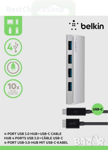 Belkin USB 3.0 Type-C хъб с 4 порта (USB-C към 4 x USB-A), снимка 5 - Кабели и адаптери - 54238197
