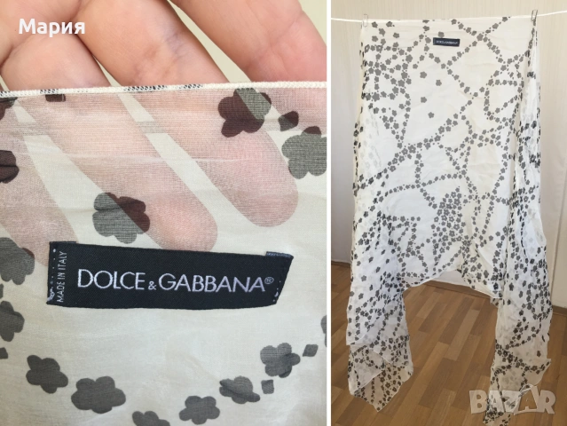 Dolce & Gabbana Дамски Шал Голям Ефирен Коприна Прозрачен Черно Бял Флорален Цветя