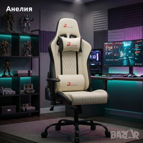 Ергономичен бял геймърски стол с поставка за крака, регулируема височина и 3D подлакътници, снимка 8 - Столове - 54041431
