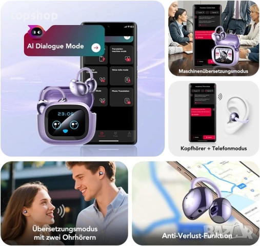 Нови Смарт Слушалки Преводач с Изкуствен Интелект BNARQP NE32 Open Ear с Тъч Дисплей 134 Езика ..., снимка 4 - Bluetooth слушалки - 54990082