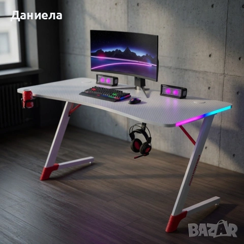 Бяло геймърско бюро с RGB LED осветление, 140 см – Карбоново покритие, поставка за чаша и слушалки, снимка 2 - Бюра - 54696890