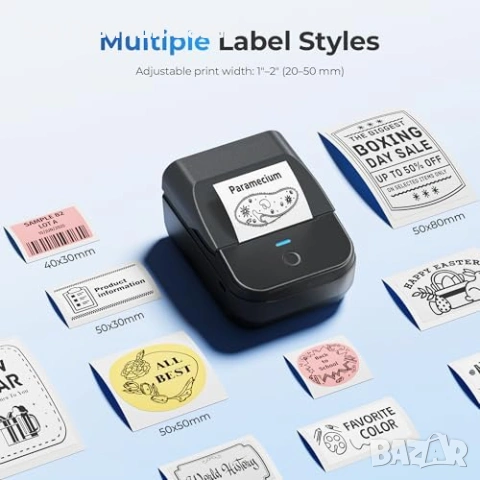 Нов Bluetooth термо етикетен принтер PM240 2 инча с 3 ролки етикети за дом офис училище, снимка 7 - Друга електроника - 55071755