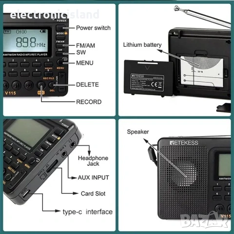 Портативно радио Retekess V115 AM/FM транзистор, MP3 и TF карта, снимка 2 - Радиокасетофони, транзистори - 54555548