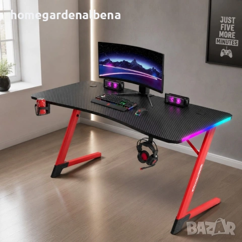Геймърско бюро 140x60x75 см, RGB LED осветление, карбонов плот, поставка за напитки и слушалки, снимка 6 - Бюра - 54687181