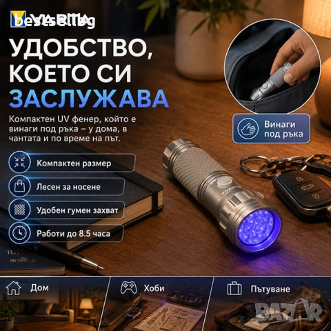 Мощен мини ув фенер UV лед лампа фенерче Varta ултравиолетова светлина, снимка 5 - Друга електроника - 45399532