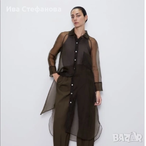 Ефирна прозрачна шоколадова кафява  риза Zara zara , снимка 2 - Ризи - 55203047