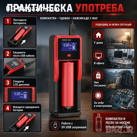 Интелигентно бързо зарядно устройство за батерии Li-Ion Ni-MH универсално 18650 16340 14500 3.7V, снимка 6 - Друга електроника - 51041530