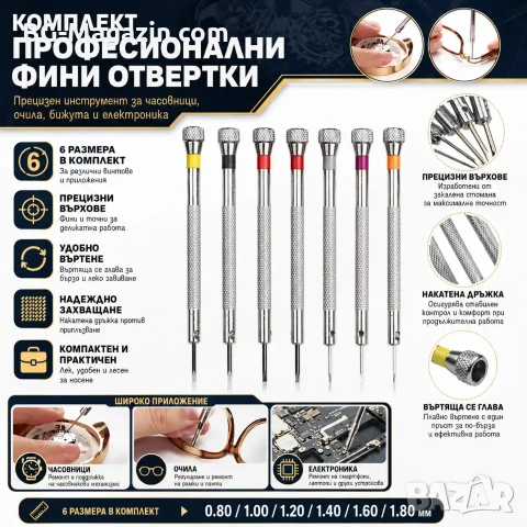Професионални часовникарски финни отвертки комплект за ремонт на часовници смяна батерии часовникари, снимка 8 - Отвертки - 50976238