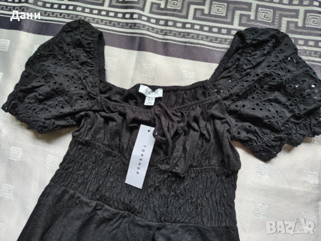Нов черен гащеризон Topshop с паднали рамене и бродерия, размер M (38), снимка 2 - Гащеризони - 54659327