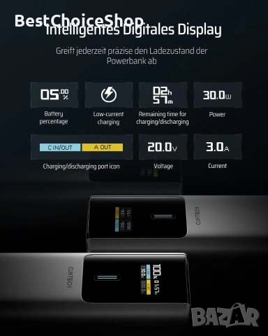 100W преносима батерия 10000mAh с цифров дисплей бързо зареждане USB-C, PD3.0 за телефони и лаптопи, снимка 9 - Външни батерии - 55074969