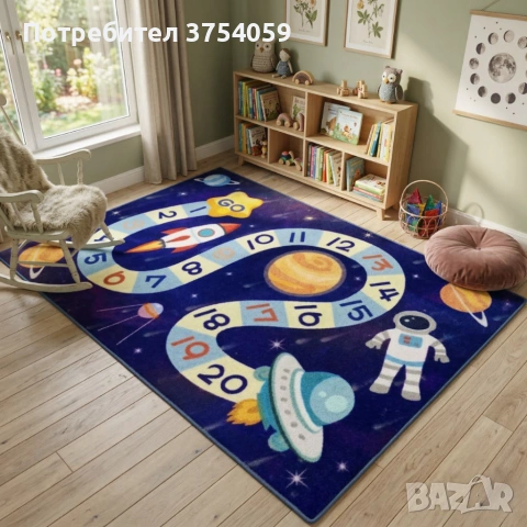 Детски килим за игра 120х160см - Тъмносин килим с космос и пътека от числа, противоплъзгащ и миещ се, снимка 3 - Килими - 55162666