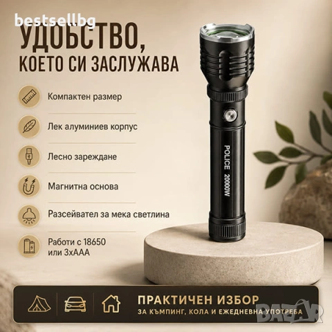 Силен акумулаторен фенер Police CREE XM-L T6 Zoom с магнит разсейвател и зарядни 220V 12V, снимка 6 - Къмпинг осветление - 50861325