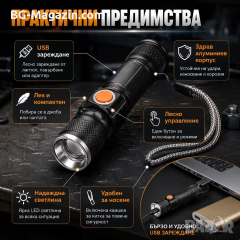 Мощен ръчен акумулаторен лед фенер USB зареждане CREE LED за къмпинг риболов лов туризъм палатка, снимка 3 - Къмпинг осветление - 51027636