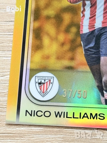 Topps Nico Williams (Athletic Club Bilbao). Gold Refractor /50 (37/50)
, снимка 4 - Колекции - 55319075