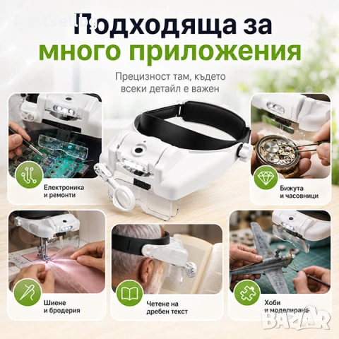 Професионална лупа за глава LED осветеление за четене шиене бродиране, снимка 5 - Други инструменти - 47547374