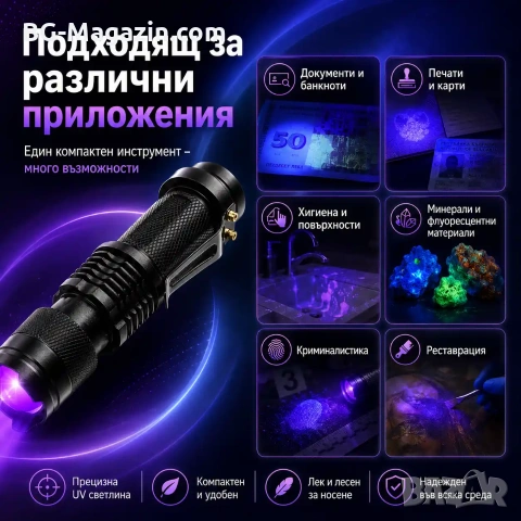 Мощен LED акумулаторен UV ръчен фенер 395nm ув фенерче лампа за камък смола урина кръв пари нокти, снимка 2 - Къмпинг осветление - 51027960