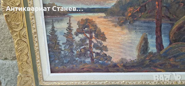🌲 ВПЕЧАТЛЯВАЩ СКАНДИНАВСКИ ПЕЙЗАЖ – МАСЛЕНА ЖИВОПИС В БОГАТА ДЕКОРАТИВНА РАМКА 🇸🇪🎨, снимка 5 - Антикварни и старинни предмети - 55304511