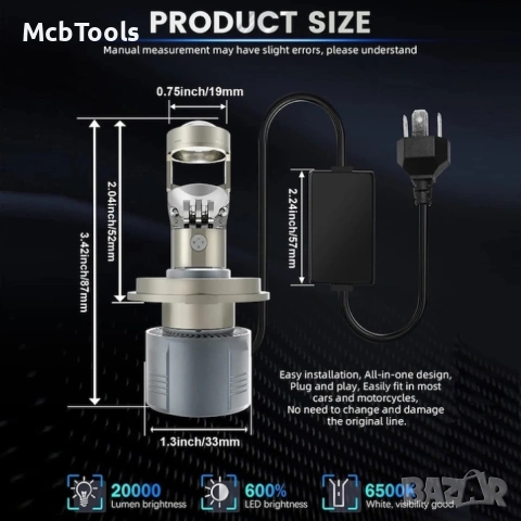 Диодни крушки за фар H4 LED с лупа 2 броя комплект, снимка 3 - Аксесоари и консумативи - 54238305