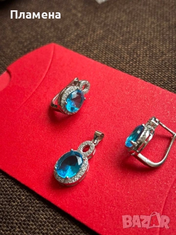 Луксозен сребърен сет със сини цирконии обеци и висулка проба 925 , снимка 2 - Обеци - 54226961