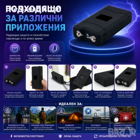 Джобен акумулаторен електрошк с LED фенер кучегон за самозащита самоотбрана от нападение дамски, снимка 5 - Оборудване и аксесоари за оръжия - 51014857
