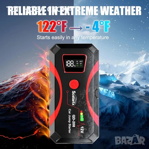 Преносим стартер за кола, 2000A, power bank USB x2, LED фенерче с 3 режима, снимка 6 - Друга електроника - 55236864
