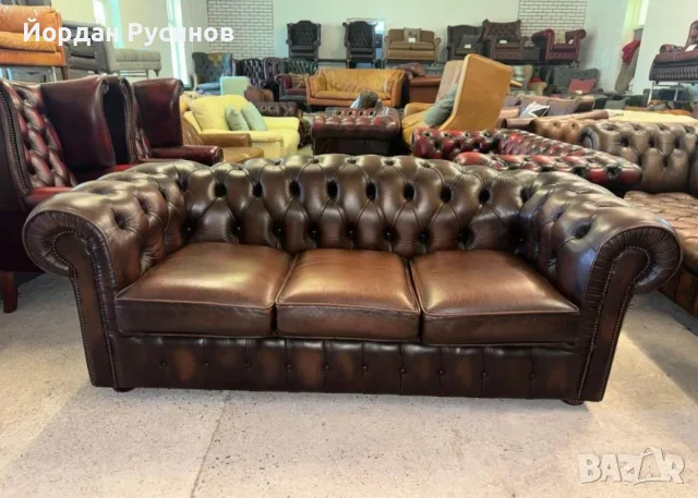 Троен кожен диван chesterfield честърфийлд 