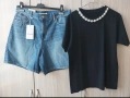 Нови дамски къси дънки Colins и черна тениска размер Л, снимка 1