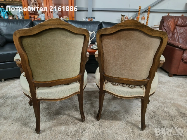 Комплект от две дъбови кресла с дърворезба и   гобленова дамаска , снимка 8 - Столове - 54100221
