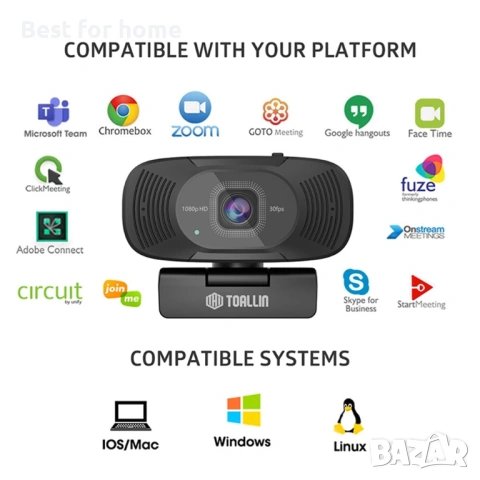 TOALLIN Автофокус FHD 1080P Уебкамера Вграден двоен микрофон за шумопотискане Компютърна камера, снимка 8 - Камери - 54572981