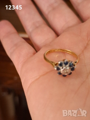 Старинен златен пръстен диамант и сапфири , снимка 7 - Пръстени - 54075788