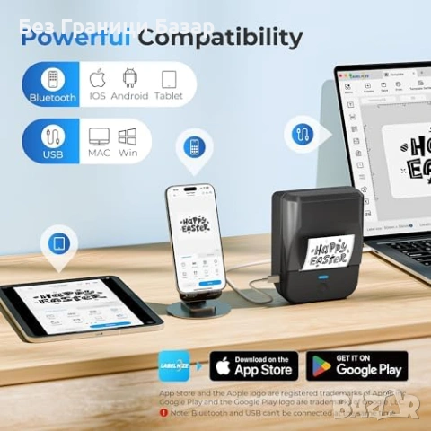 Нов Bluetooth термо етикетен принтер PM240 2 инча с 3 ролки етикети за дом офис училище, снимка 8 - Друга електроника - 55071755