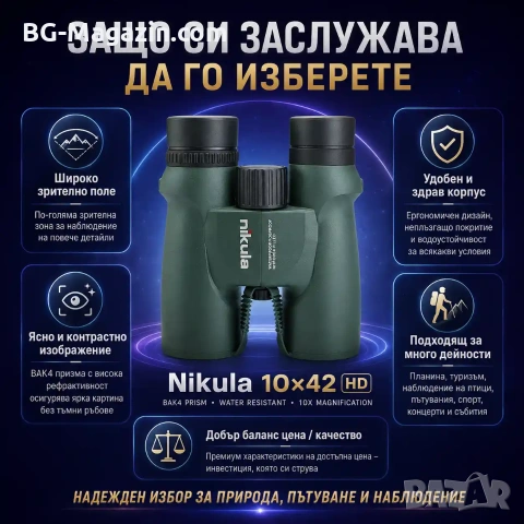Мощен бинокъл Nikula 10×42 за лов птици животни туристически планина море BAK-4 призма професионален, снимка 6 - Екипировка - 50930559
