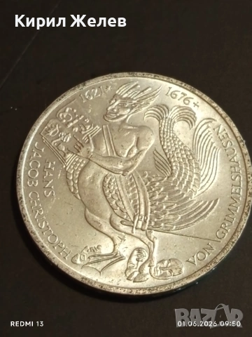 Сребърна монета 5 марки 1976г. ФРГ тема 300г. От смъртта на писателя Ханс Якоб 40056, снимка 7 - Нумизматика и бонистика - 54734470