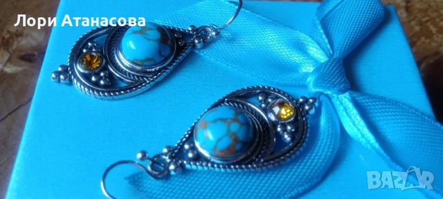 Бохемски обеци с висулка в ретро стил -синтетични тюркоазови инкрустации,никел, снимка 2 - Обеци - 54003654