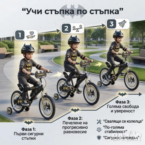 Детски велосипед Batman Dark Knight 16” с помощни колела, стоманена рамка и спирачки – за деца 5+, снимка 5 - Велосипеди - 54708086