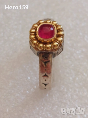 Дизайнерски дамски марков пръстен с аметист и златен 18карата обков,сребърен ринг 925.,