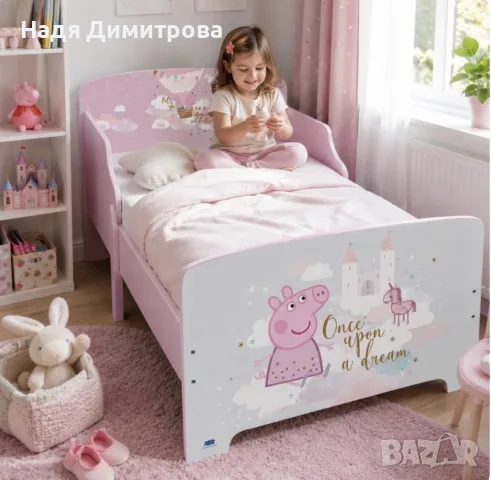 Детско легло Peppa Pig 140x70 см с ламелна основа – Розово легло с Пепа Пиг, замък и еднорог, снимка 3 - Мебели за детската стая - 55671157