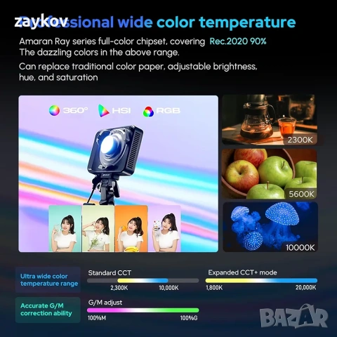Amaran Ray 60c RGB видео лампа, 60W, преносима CCT студийна фотографска лампа 1800K-20000K, снимка 7 - Друга електроника - 54979186