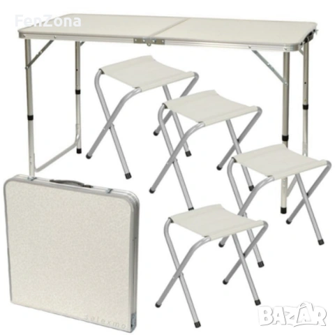Комплект сгъваема алуминиева маса с 4 стола – идеален за къмпинг, двор и почивка