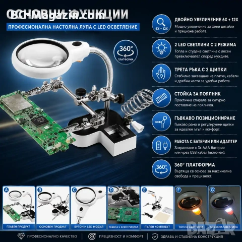Професионална мощна увеличителна настолна лупа трета помощна ръка с LED осветление за платки щипки, снимка 2 - Други инструменти - 50921110