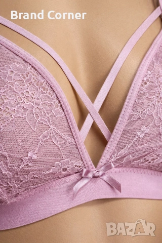Сутиен Hunkemöller L – розова дантела с декоративни кръстосани ленти, снимка 3 - Бельо - 54517892