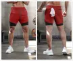 Мъжки 2-в-1 бягащи шорти бързосъхнещи компресионни вътрешни шорти джобове с цип – Червени M, снимка 4