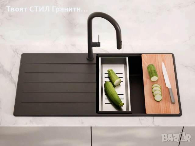 Черна кухненска мивка от гранит Копенхаген 1000x500 Top 60, снимка 2 - Мивки - 55123786