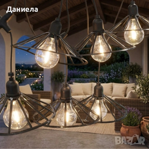 Градинска гирлянда 5.5 м с 6 декоративни LED крушки и метални абажури - Таймер, IP44, за балкон, снимка 3 - Лед осветление - 54802226
