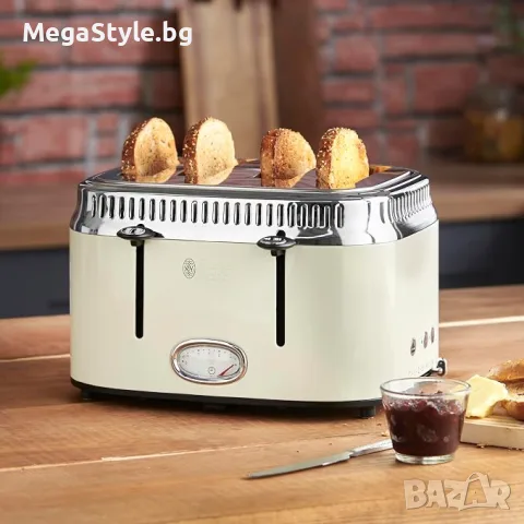 Тостер Russell Hobbs Retro, крем, 4 филии, широки отвори, променливо изпичане 