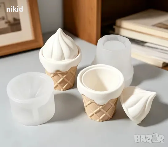 3D Кофичка фуния със сладолед 2 части силиконов молд форма фондан смола свещ шоколад гипс, снимка 3 - Форми - 55355334